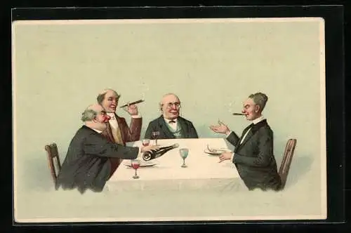 AK Männer beim Rauchen am Tisch sitzend und Wein trinken