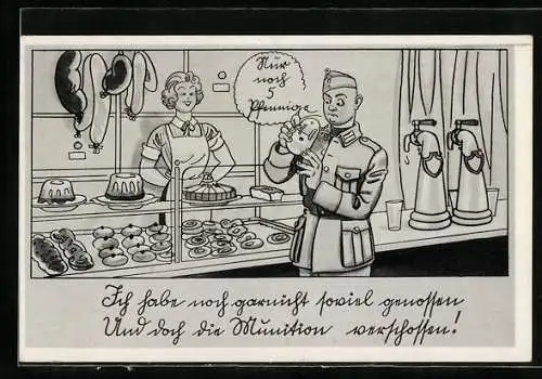 Künstler-AK Ferdinand Barlog: Soldat in der Bäckerei, Das Portemonnaie ist bereits leer