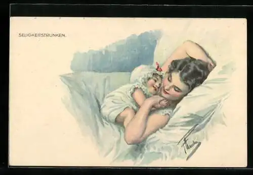 Künstler-AK Mutterglück, Junge Mama mit Baby im Bett, Seligkeitstrunken