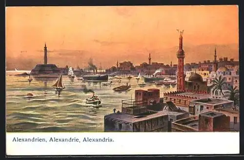 Künstler-AK F.Perlberg: Alexandria, Blick über den Hafen, Leuchtturm, Schiffe, Dampfer