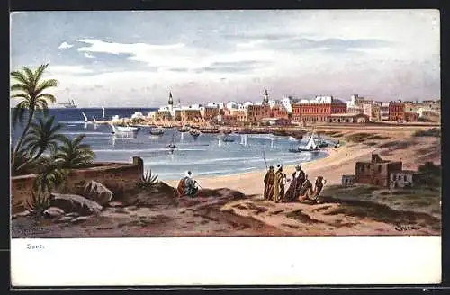 Künstler-AK F.Perlberg: Suez, Hafen mit Dampfern