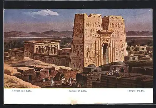 Künstler-AK Edfu, Tempel gegen Gebirgszug