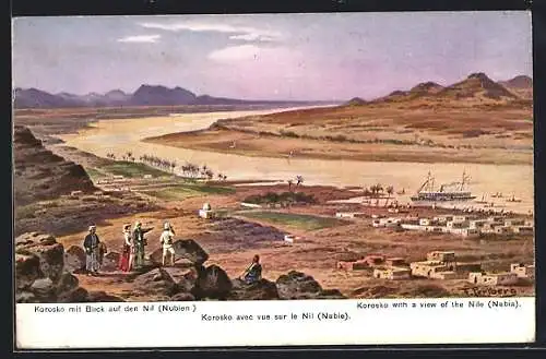 Künstler-AK F.Perlberg: Korosoko, Totale des Ortes mit Blick auf den Nil, Dampfer