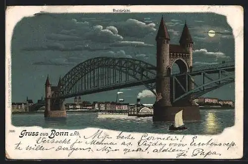 Mondschein-Lithographie Bonn, Rheinbrücke mit Stadtpanorama