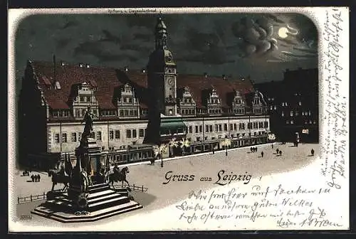 Mondschein-Lithographie Leipzig, Rathaus und Siegesdenkmal aus der Vogelschau