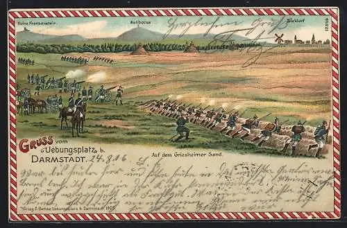 Lithographie Darmstadt, Uebungsplatz mit Soldaten in Uniform, Auf dem Griesheim Sand