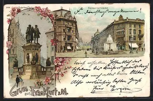 Lithographie Frankfurt /Main, Gutenberg-Denkmal, Strassenpartie