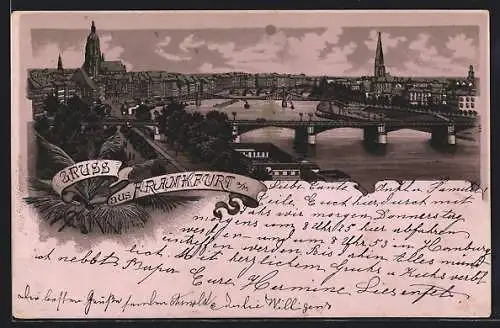 Mondschein-Lithographie Frankfurt a. M., Ortsansicht mit Mainbrücken aus der Vogelschau