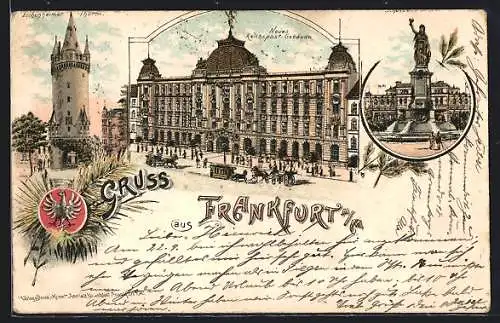 Lithographie Frankfurt a. M., Wappen, Eschenheimer Thurm, Neue Reichspost