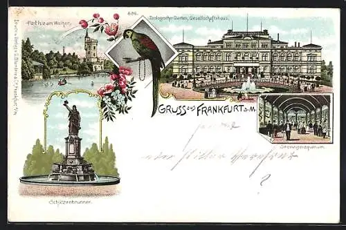 Lithographie Frankfurt-Ostend, Schützenbrunnen, Weiher-Partie, Papagei, Zoo-Gesellschaftshaus