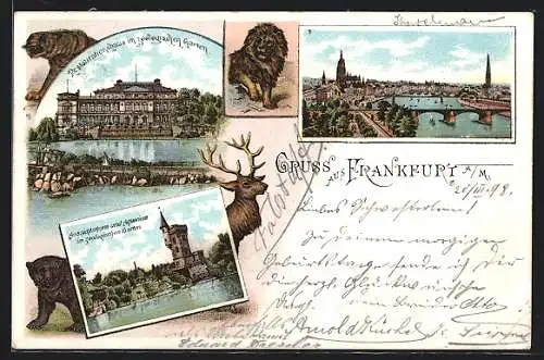 Lithographie Frankfurt, Restaurationshaus im zoolog. Garten, Aussichtsturm und Aquarium, Mainpanorama