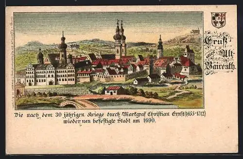 Lithographie Bayreuth, Blick auf die um 1690 neu befestigte Stadt