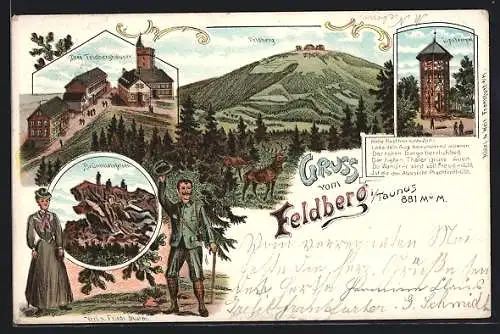 Lithographie Feldberg im Taunus, Brünhildsfelsen, drei Feldberghäuser, Lipstempel