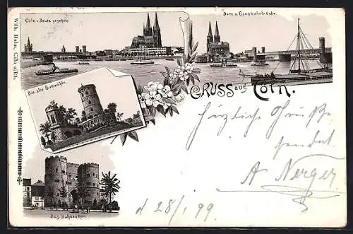 Lithographie Cöln, Alte Boltmühle, Hahnenthor, Dom und Bahnbrücke, Ortsansicht von Deutz aus