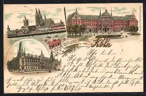 Lithographie Köln, Justizgebäude, Wappen, Post, Panorama mit Dom
