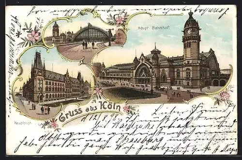 Lithographie Köln, Hauptbahnhof und Hauptpost