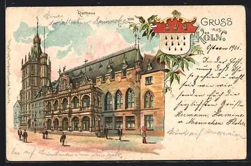 Lithographie Köln, Wappen, Rathaus mit Strasse