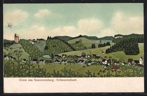 Künstler-AK Neuravensburg-Schwarzenbach, Gesamtansicht mit Ruine und Bergen