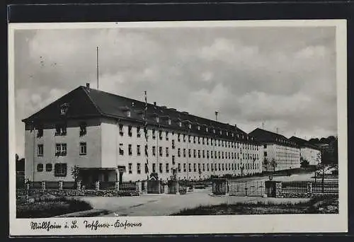 AK Müllheim, Kasernen-Partie mit Eingangsbereich mit Wachposten