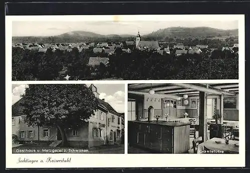 AK Jechtingen a. Kaiserstuhl, Gasthaus-Metzgerei zum Schwanen E. Löffler, Ortsansicht mit Bergpanorama