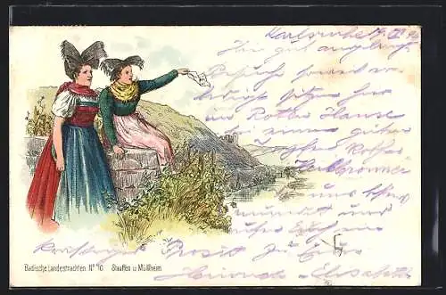 Lithographie Müllheim, Zwei Mädchen in Landestrachten Stauffen u. Müllheim auf einer Mauer über dem Rhein, mit Burg