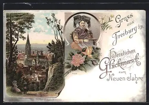 Lithographie Freiburg i. B., Ortsansicht mit Münster, Frau in Tracht