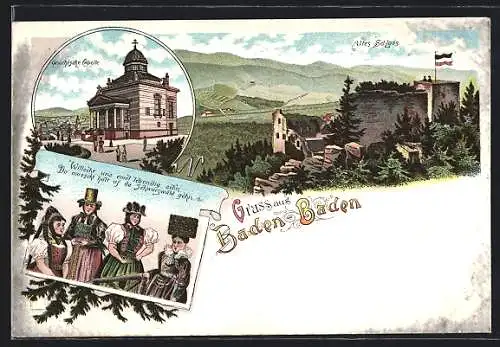 Lithographie Baden Baden, Griechische Capelle, Altes Schloss, Frauen in Tracht