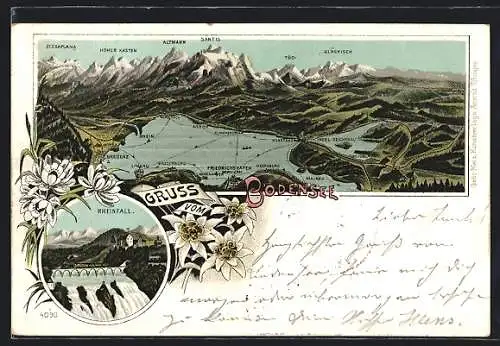 Lithographie Friedrichshafen a. B., Gesamtansicht des Bodensees mit Alpenlandschaft, Rheinfall bei Schaffhausen
