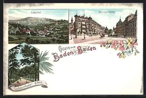 Lithographie Baden-Baden, Leopoldsplatz, Lichtenthal, Lichtenthaler Allee