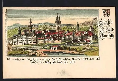 Lithographie Bayreuth, Blick auf die um 1690 neu befestigte Stadt
