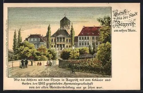 Lithographie Bayreuth, Schloss mit Thurm und Garten der Harmoniegesellschaft, Wappen