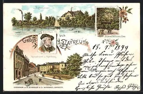 Lithographie Bayreuth, Opernstrasse u. Opernhaus, Röhrensee, Richard Wagner