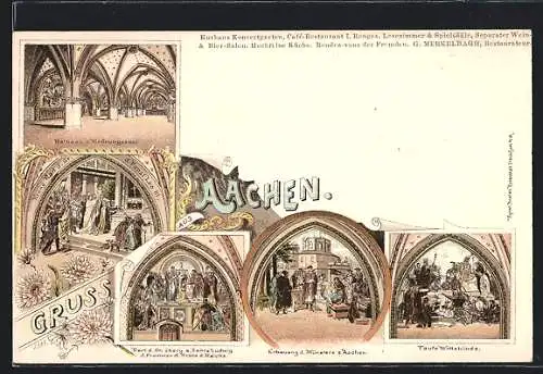 Lithographie Aachen, Taufe Wittekinds, Bau des Münsters, Krönungssaal im Rathaus