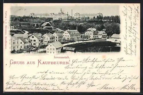 AK Kaufbeuren, Teilansicht mit Irrenanstalt aus der Vogelschau