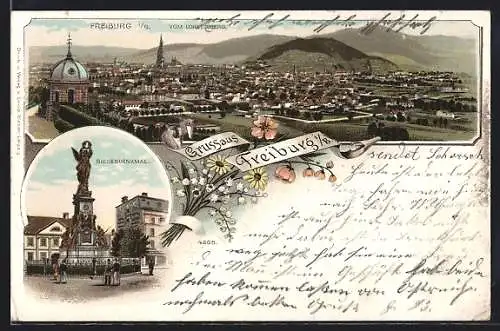 Lithographie Freiburg i. B., Ortsansicht vom Lorettoberg, Siegesdenkmal