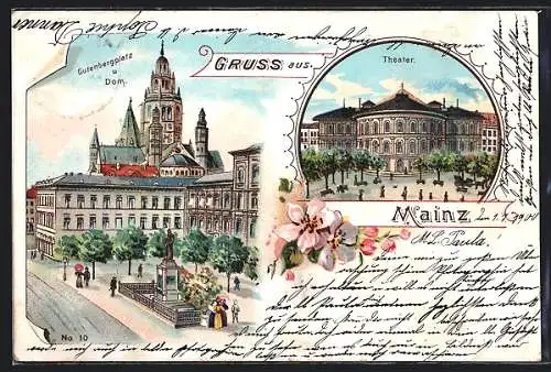Lithographie Mainz, Gutenbergplatz und Dom, Theater