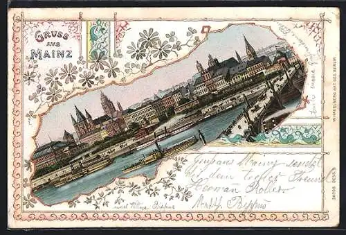 Lithographie Mainz, Partie am Ufer, Dampfer