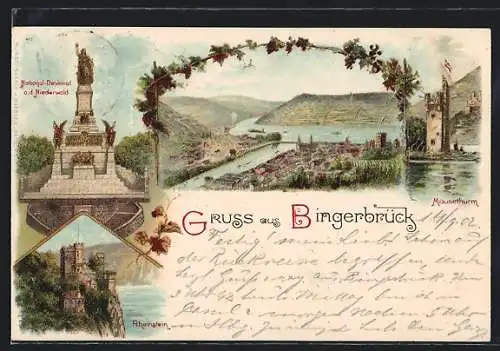 AK Bingerbrück, National-Denkmal a. d. Niederwald, Mäusethurm, Rheinstein, Ortsansicht