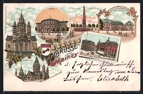 Lithographie Mainz, Theater, Neubrunnen u. grosse Bleiche, Dom Nordwestseite, Grossh. Schloss, Mainzer Bierhallen
