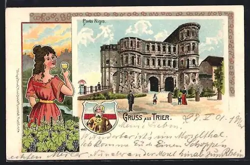 Lithographie Trier, Porta Nigra, Mädchen mit Weinglas