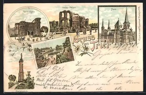 Lithographie Trier, Porta nigra, Kaiser Palast, Dom