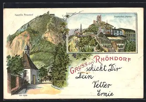 Lithographie Rhöndorf, Kapelle Rhöndorf, Drachenfels-Plateau