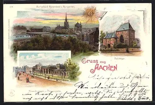 Lithographie Aachen, Elisenbrunnen und Promenade, Buntscheid Rosenbad und Kurgarten