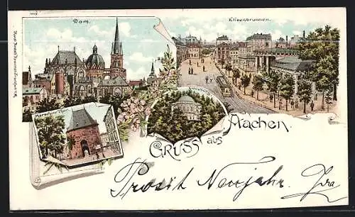 Lithographie Aachen, Marschier Thor, Dom, Elisenbrunnen mit Strassenbahn