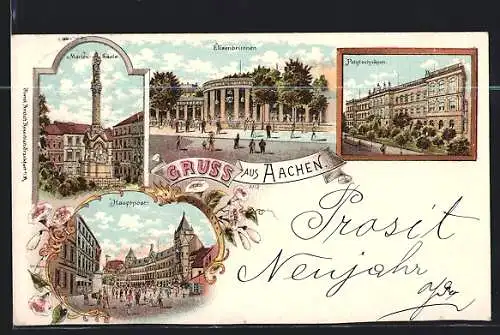 Lithographie Aachen, Elisenbrunnen, Mariensäule, Hauptpost