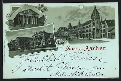 Mondschein-Lithographie Aachen, Theater, Technische Hochschule, Hauptpost