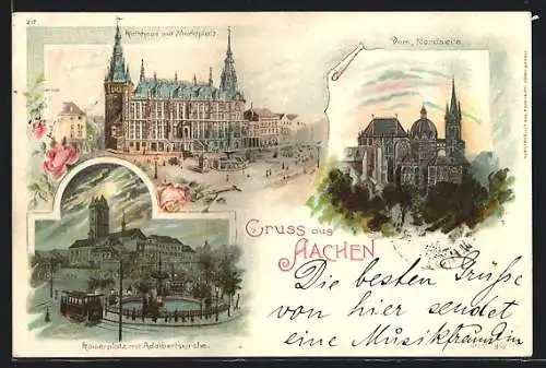 Lithographie Aachen, Rathaus mit Marktplatz, Nordseite des Doms, Kaiserplatz mit Adalbertskirche