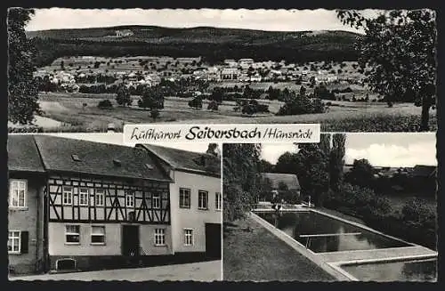 AK Seibersbach, Gasthaus zur Post, Ortspanorama, Schwimmbad