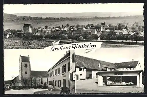 AK Riedheim, Spar-Geschäft, Rathaus und Kirche, Gesamtansicht