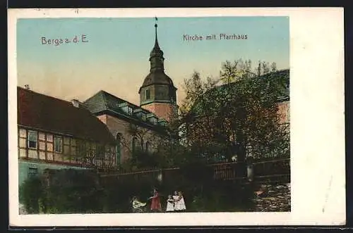 AK Berga a. d. E., Kirche mit Pfarrhaus